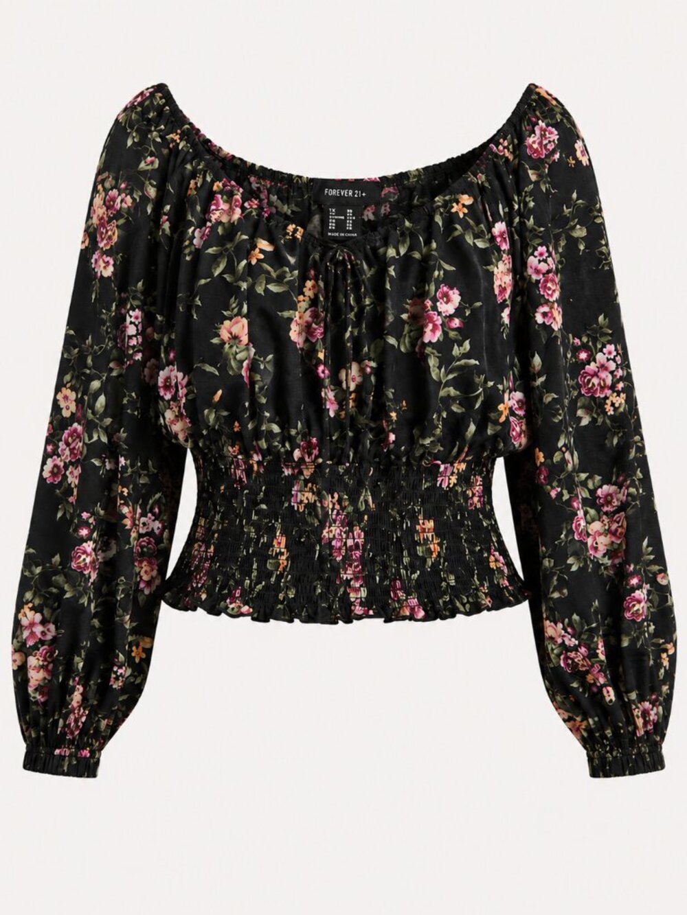 Forever 21 Plus 2X Black Floral Gauzy Smocked Blouse